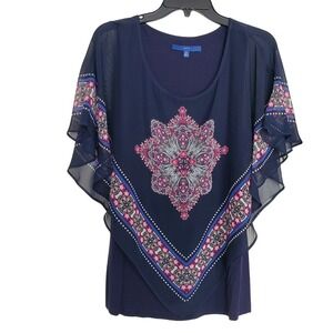 Navy Blue Sheer Overlay Multicolored Medallion Handkerchief Hem Blouse Lined Med